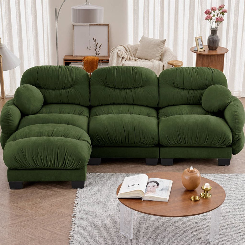 Pleated Chenille Fabric 3-Seater Modular Sofa, L-Shape Sectional Couch with Ottoman, High-Density Cloud Foam Seat, Curved Round Armrests & 2 Round Throw Pillows
