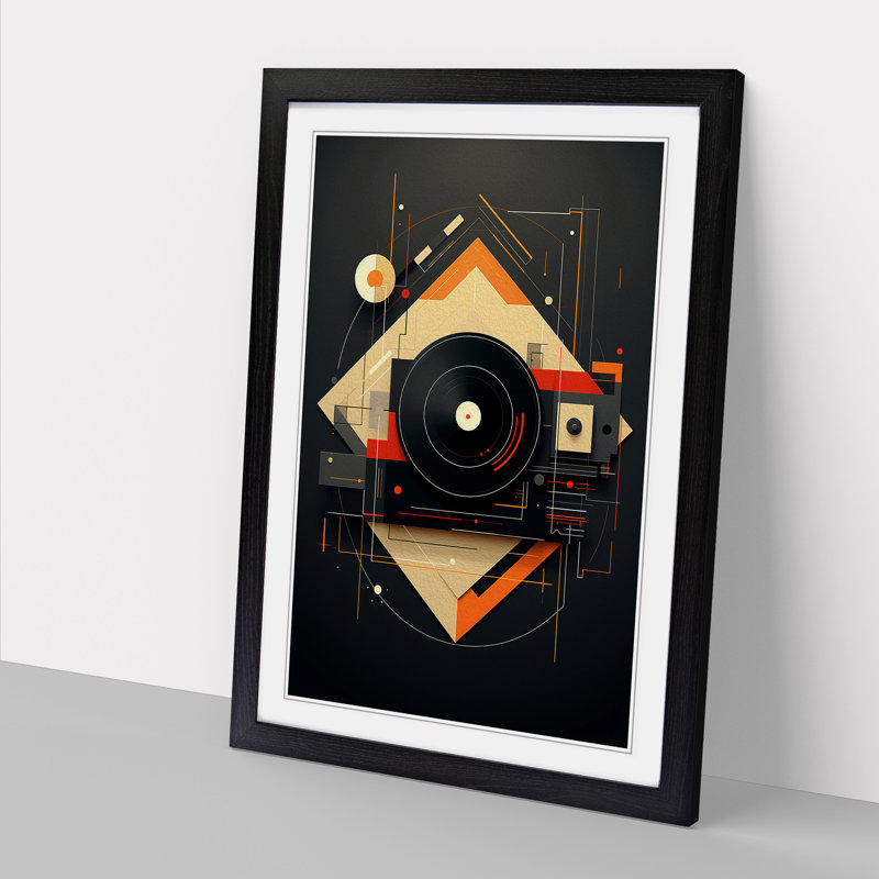 XYZ-FRM-V1223-1667 Vinyl Record Player Geometric No.2 - Single Picture Frame Print on Wood, Black, 64cm H x 46cm W x 2cm D