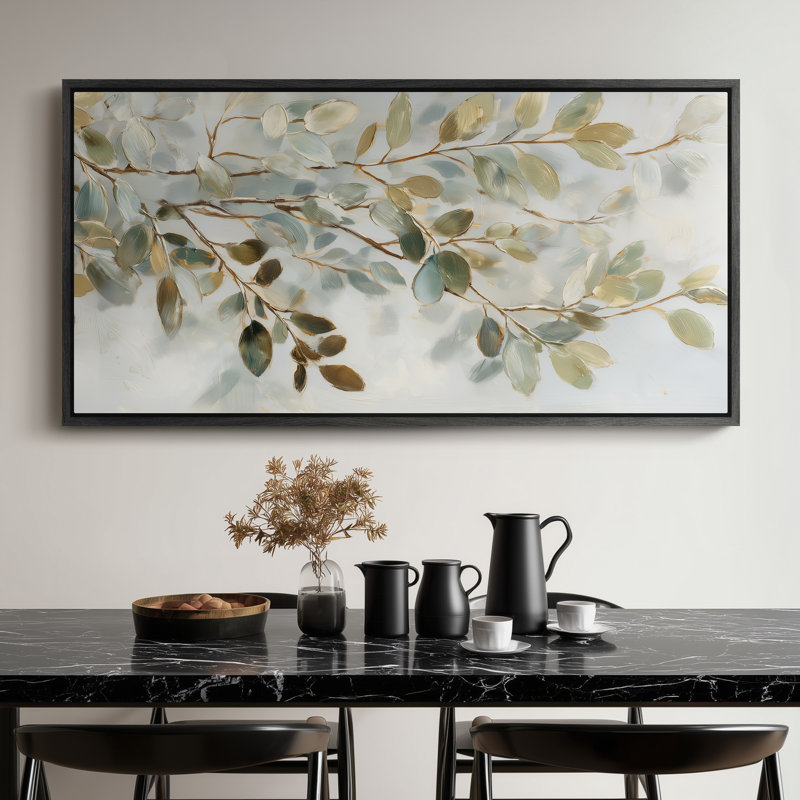 Branches de feuilles vertes et dorées avec lumière douce pour impression murale de salle à manger ou de salon, Noir