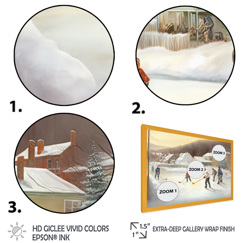 Enfants jouant au hockey en hiver IV - art mural de hockey sportif pour le salon, H 16 po x l 32 po x P 1 po