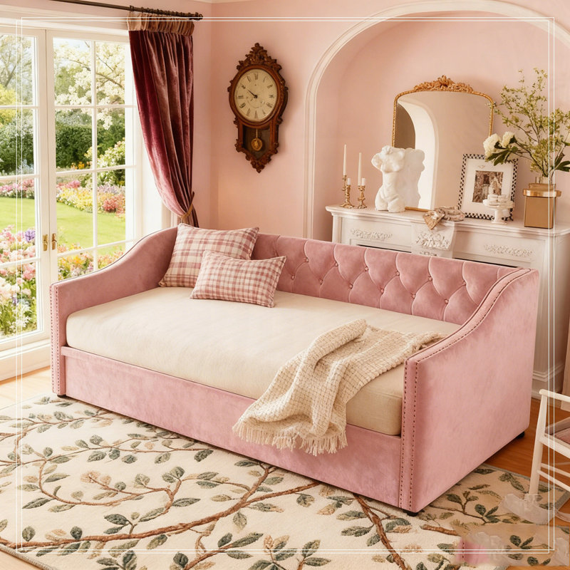 Upholstered daybed with Pop Up Trundle, Pink