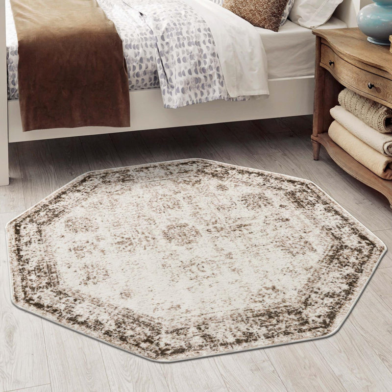 Tapis champêtre et floral de couleur kaki, Octogone 5 pi