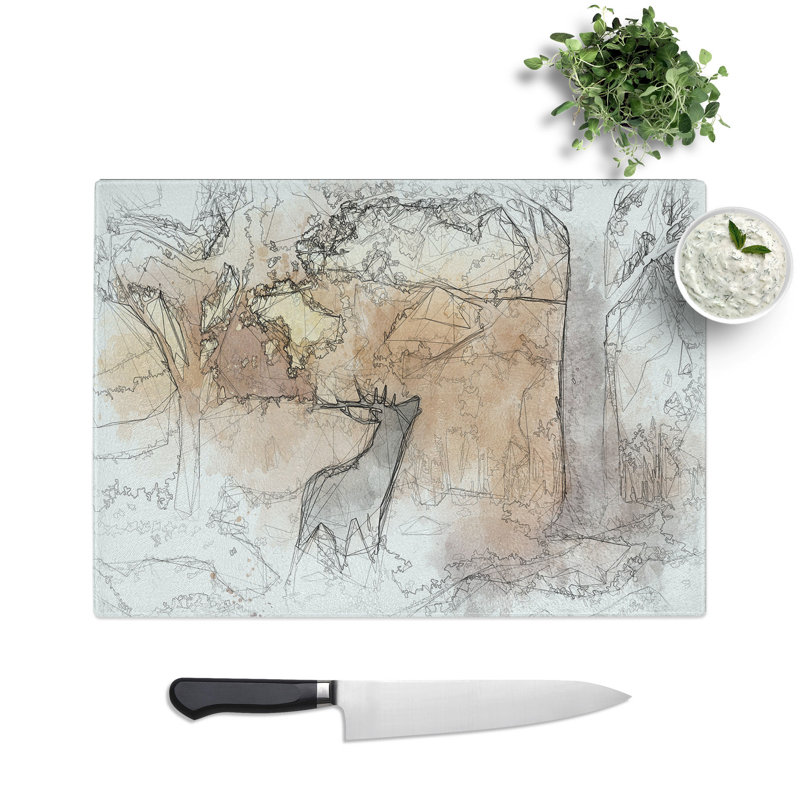 Tempered Glass Deer Stag in an Autumn Forest Sketch Chopping Board, 20 cm x 28.5 cm