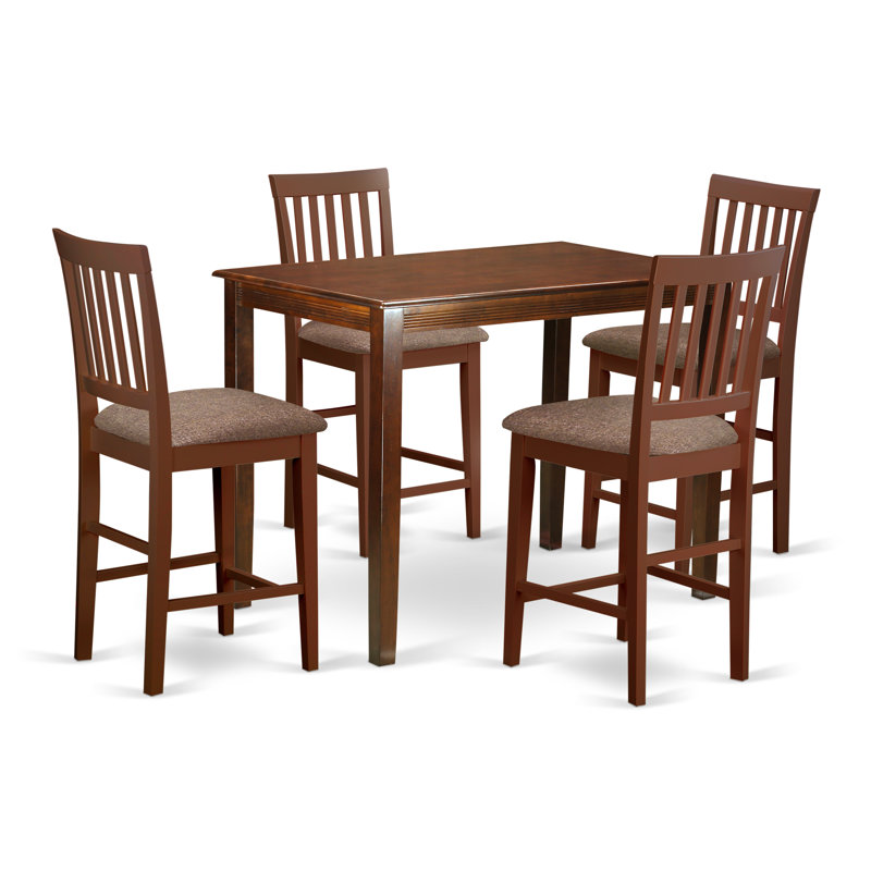 5 Piece Counter Height Pub Set Includes a Rectangle Dining Table and 4 Linen Fabric Kitchen Dining Chairs, Mahogany, Mahogany