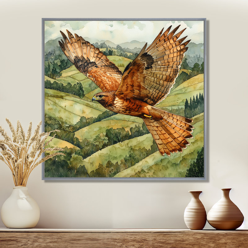 Glaspy Eage Hawk Over The Pasture - oiseau, art mural, Impression encadrée flottante, Argent argent, H 16 po x l 16 po
