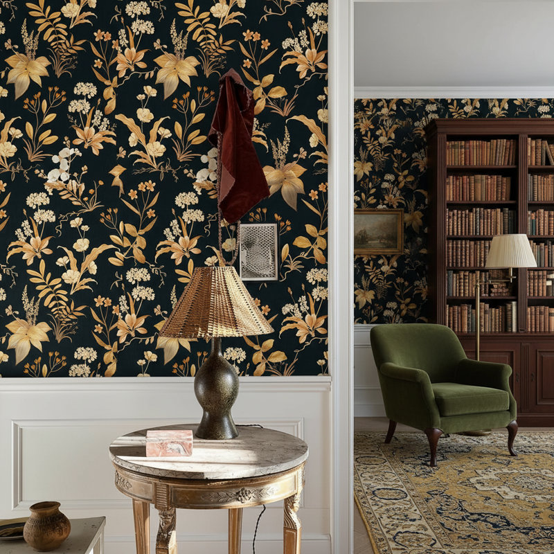 Décoration murale adhésive amovible noire et dorée Wildflowers 17,3 po x 120 po