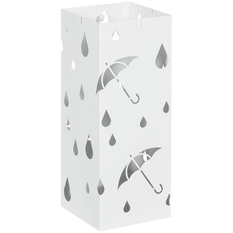 Casselli Metal Umbrella Stand, Square Umbrella Basket with 4 Hooks Drip Tray White