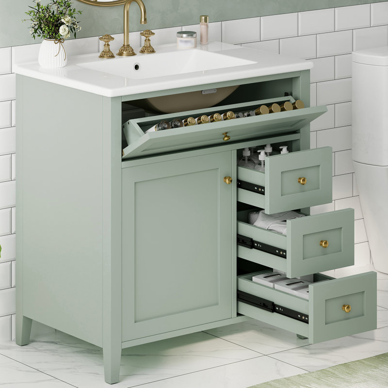 Meuble-lavabo autoportant moderne 30 po avec comptoir en céramique, Vert clair