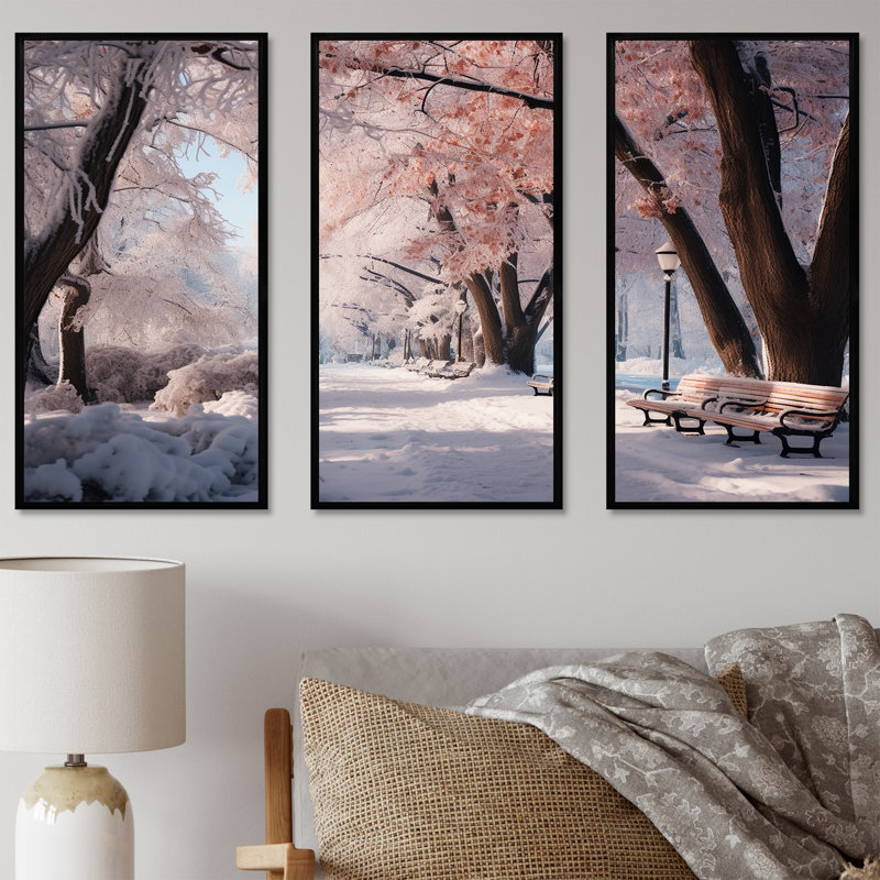 «Pink Snowy Park Floral Canopy», art mural sur toile, H 40 po x l 60 po, Cadre flottant noir