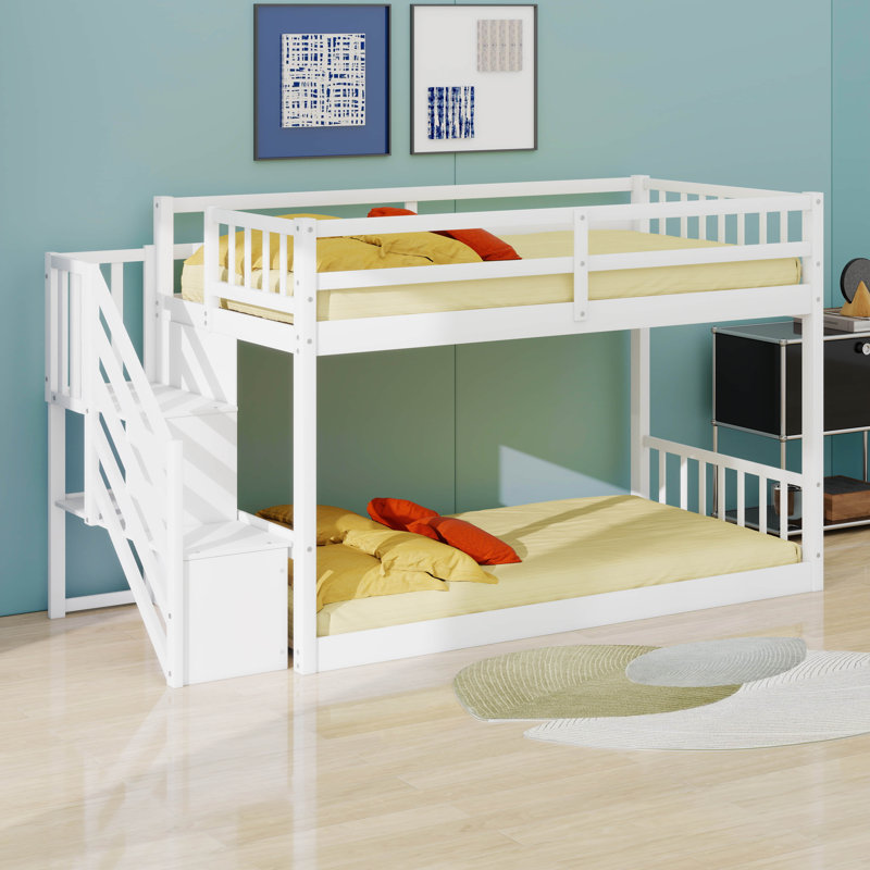 Twin Over Twin Wooden Bunk Bed With Storage Compartments, White