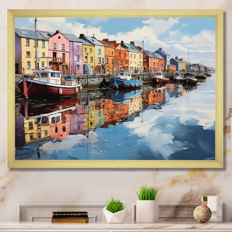 «Ireland Harbor Reflectionsan Acrylique I», reproduction encadrée, Cadre doré simple, H 30 po x l 40 po x P 1,5 po