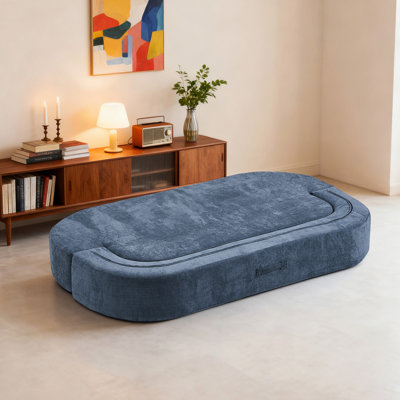 Dark Blue Convertible Sleeper Bed, Modern Style, Linen Corduroy Fabric, Foam-filled, 2 Pillows, No Assembly, Quick Transformation, Comfortable Sleeping, Space For Small Rooms Living Room Floor Linen,