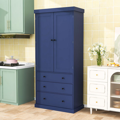 Armoire de cuisine autoportante avec tablettes réglables, 8 supports de porte et 3 tiroirs de rangement