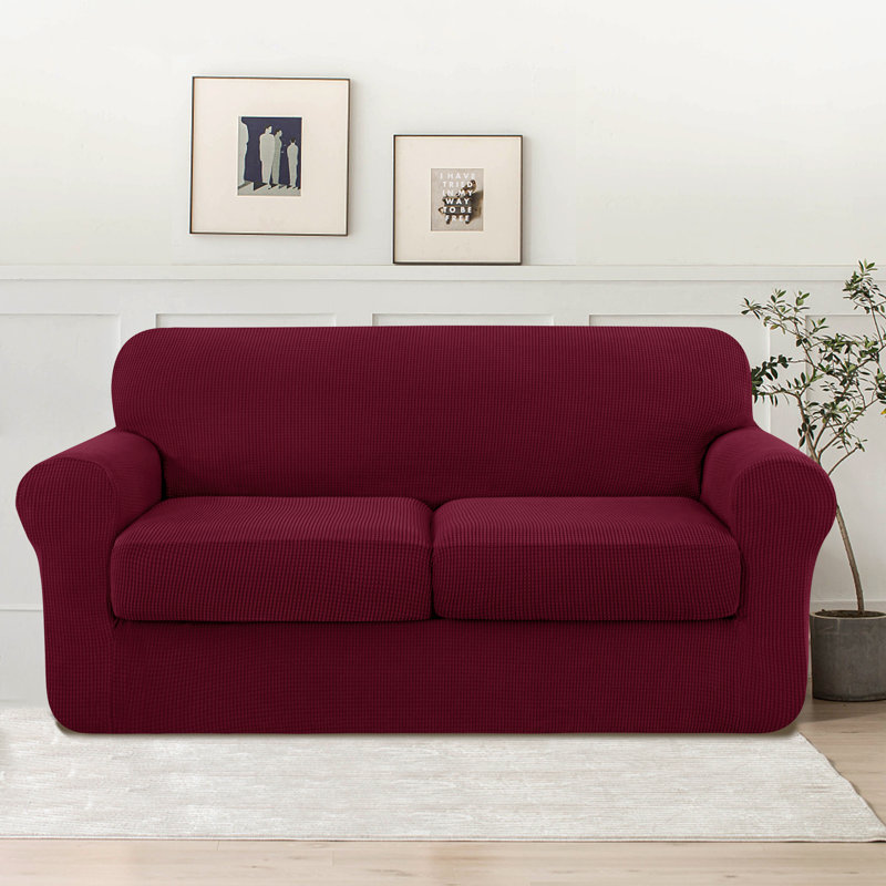 Textured Soft Stretch Separate Box Cushion Loveseat Slipcover, Wine