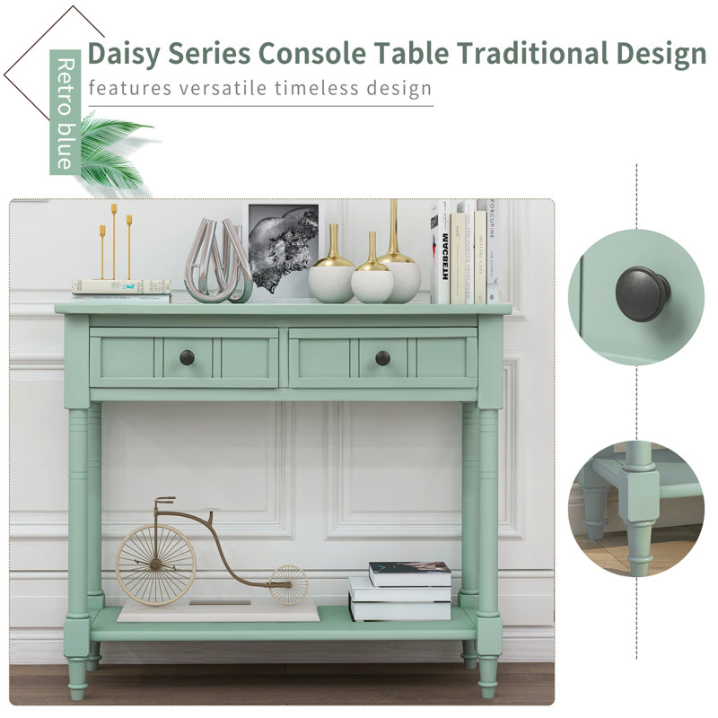 Floriean Rustic Vintage Farmhouse Style Console Table - 2 Drawers, Bottom Shelf, Retro Blue