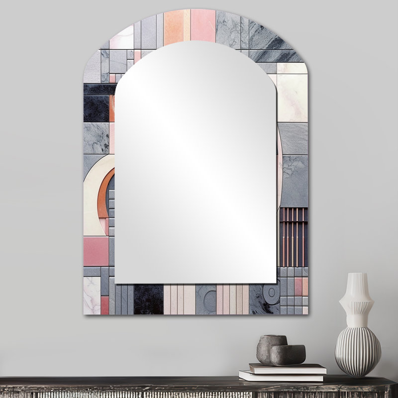 Pink Transcendent Angles III - Abstract Shapes Arch Wall Mirror, Modern Asymmetrical Decorative Mirror, Printed Metal Art