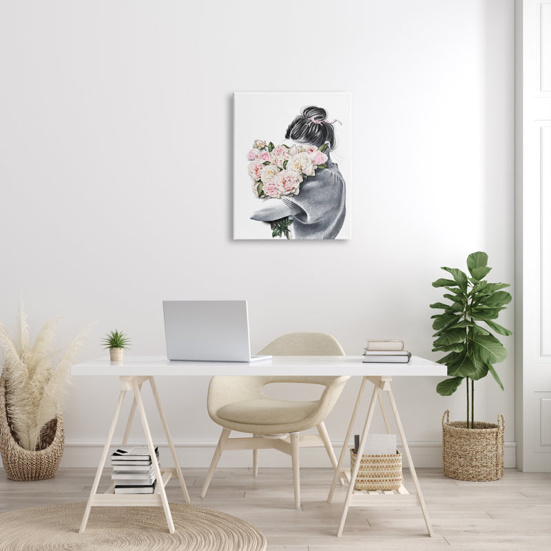 Femme avec bouquet de fleurs roses, H 30 po x l 24 po, Toile tendue