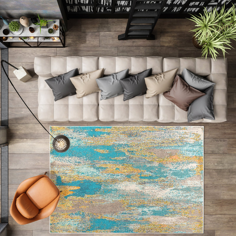 Lasley Contemporary POP Modern Abstract Vintage Waterfall Blue/Brown/Orange Rug, Rectangle 4' x 6'