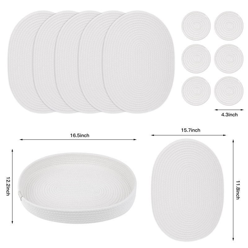 Cotton Blend Oval Placemat And Coaster Set, White