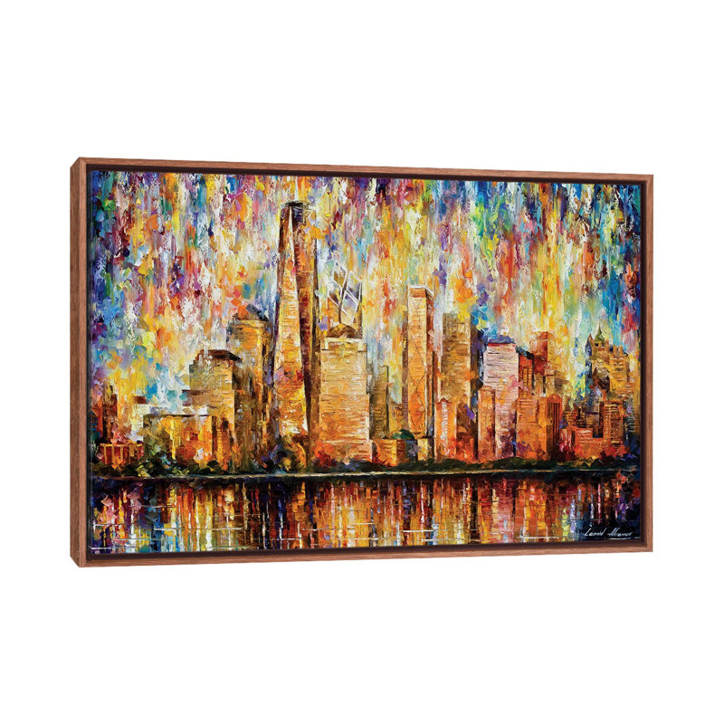 «New York City» par Leonid Afremov - reproduction d'art, H 26 po x l 40 po x 1,5 po, Toile classique avec cadre brun