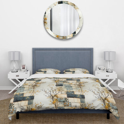 Gray Cubic Botanical Dreams - Patchwork Duvet Cover Set - Microfiber Polyester