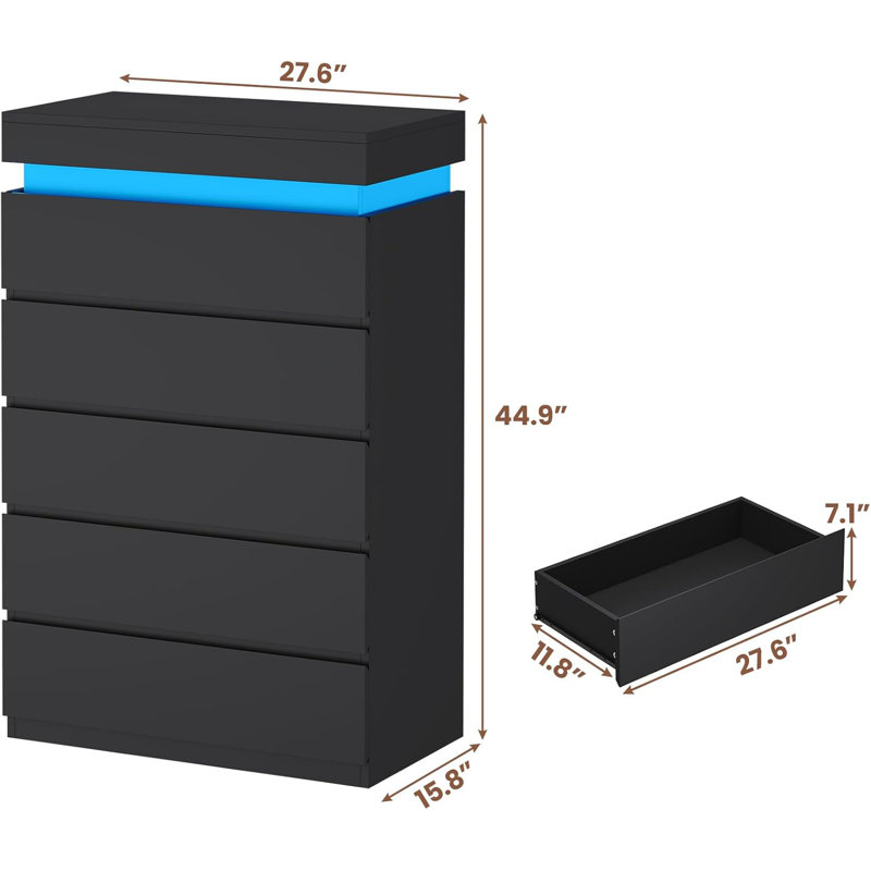 Modern 5-Drawer Vertical Chest with Mood-Sensing LED Lights & High-Gloss Finish – Slim Space-Saving Design for Bedrooms & Gaming Rooms