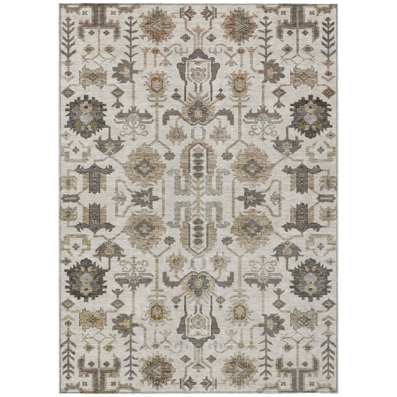 3' X 5' Ivory Beige And Taupe Oriental Washable Indoor Outdoor Area Rug