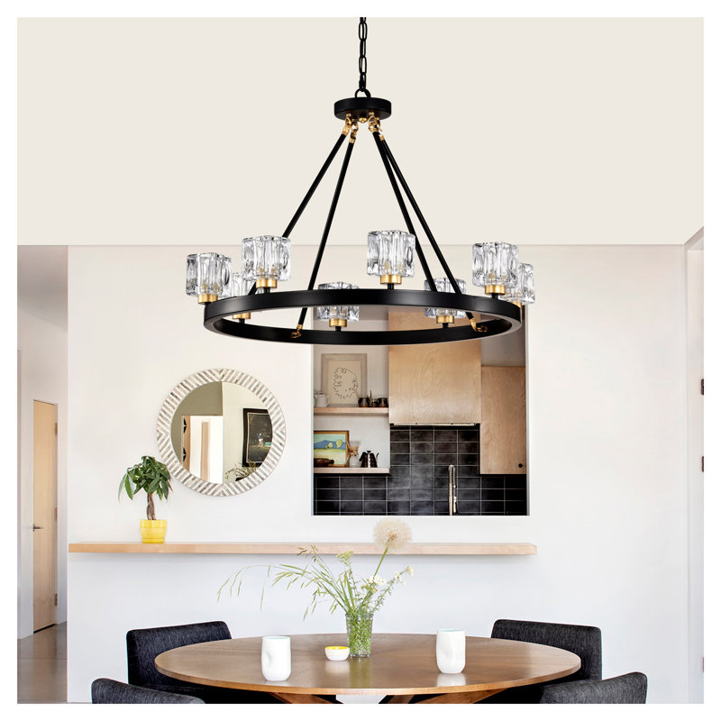 Matte Black and Gold Wagon Wheel Chandelier, 8-Light Farmhouse Ceiling Light Fixture with Adjustable Height, UL Listed for Dining Room and Entryway
