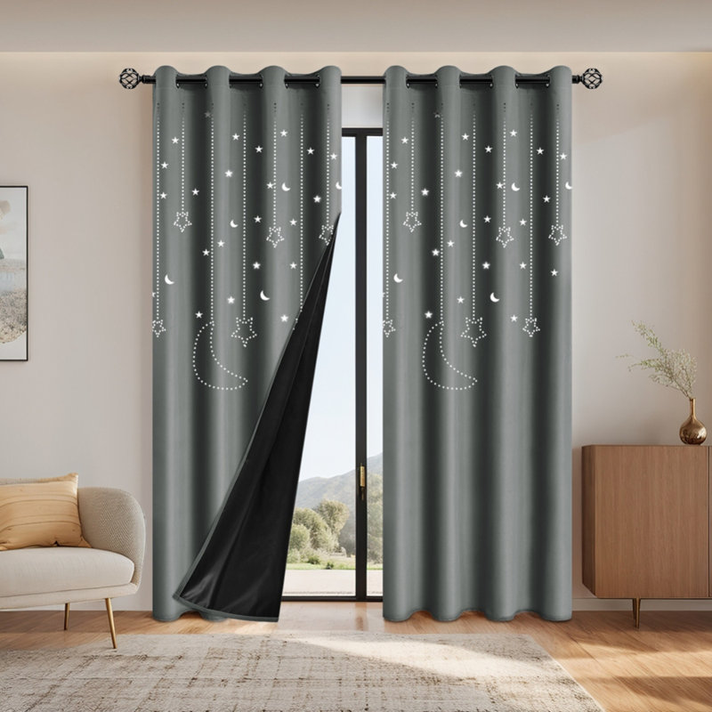 2 Pieces Hollow Starry Moon Star Perforated Curtain Curtain Dark Gray, 40" W x 98.4" L