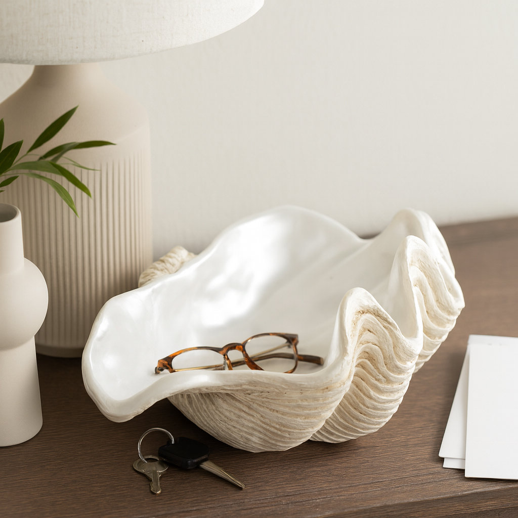 Dovecove Bequette Resin Polyresin Coastal Decorative Clam Shell Bowl with Sculptural Wavy Rim - Elegant Modern Accent Bowl for Display or Storage - Stylish Textured Centerpiece for Home Decor & Re...