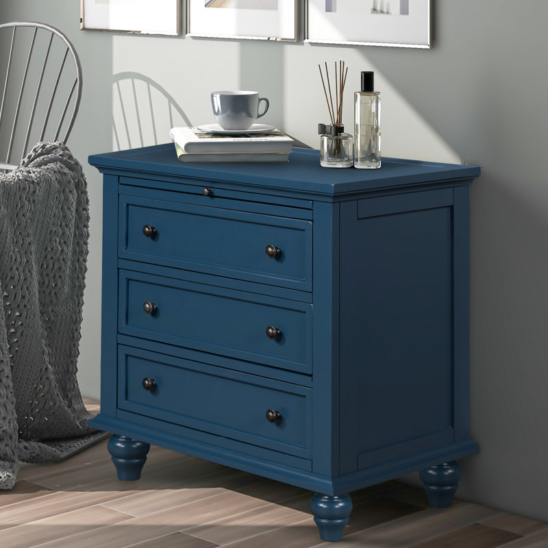 Armoire bleue à 3 tables de bout en bois avec plateau coulissant en bleu, facile à assembler et à utiliser, Bleu