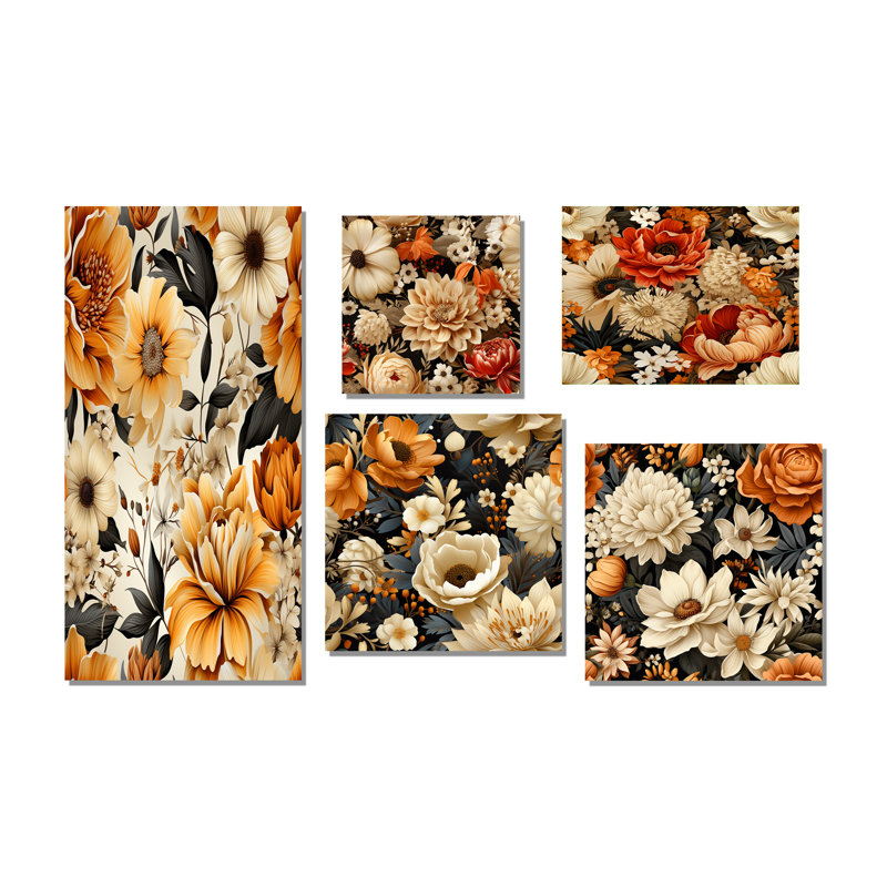 Acanthe - ensemble de 5 impressions murales florales, Toile tendue