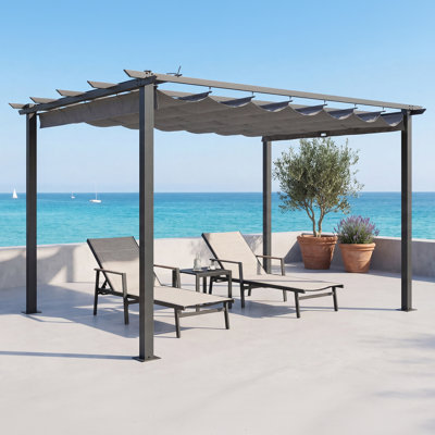 Pergola extérieure rétractable en aluminium de 3 m x 3 m, avec toit pare-soleil réglable, résistante aux intempéries, idéale pour jardin, terrasse, piscine, plage, etc., couleur grise.
