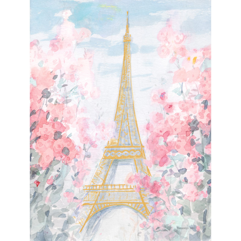 Pastel Paris III, Tour Eiffel entourée de fleurs, rose, or, blanc, bleu sarcelle, cyan, gris, H 16 po x l 24 po x P 1,5 po