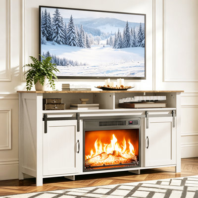 Meuble télé 58,9 po pour téléviseur avec foyer électrique et 2 portes de grange coulissantes