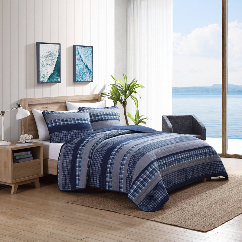 Navy Blue Chambray Solid Reversible Cotton Twin Quilt Set