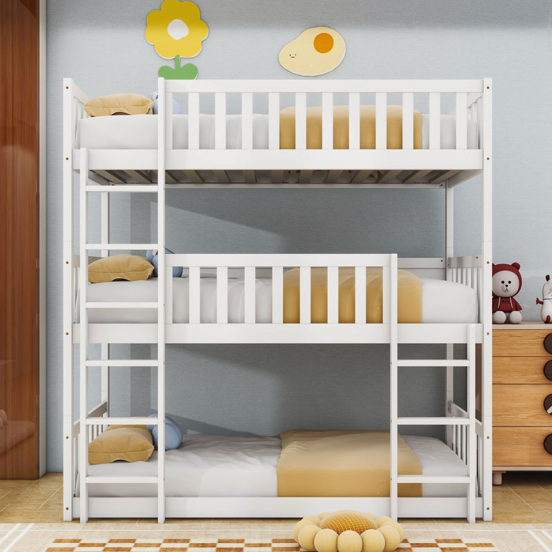 Twin Over Twin Over Twin Triple Wood Bunk Bed With Safety Fatures, Detachable Design, White