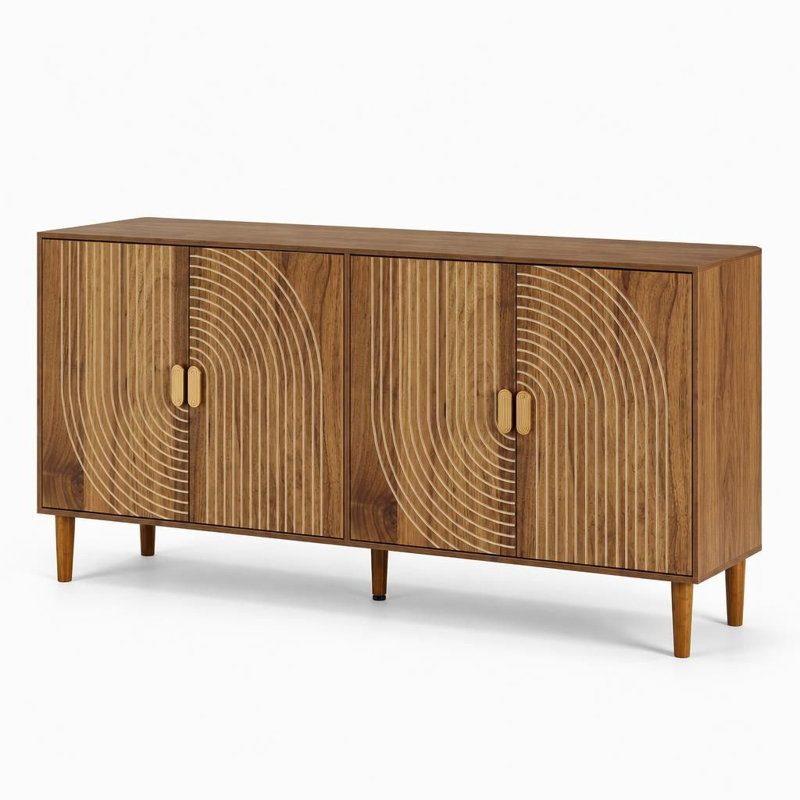 Buffet multifonctionnel à 4 portes avec rangement, dosseret rainuré, meuble d'appoint avec tablette réglable et système antibasculement, pieds robustes en bois massif