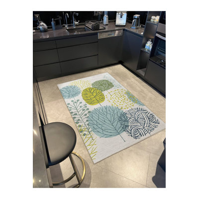 Machine Washable Leaf Ivy Patterned Blue Creative Modern Decorative Area Rug