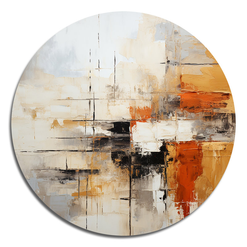 Clerence orange, noir, fractale abstraite, impressions - Art abstrait rond en métal, H 16 po x l 16 po x P 1 po