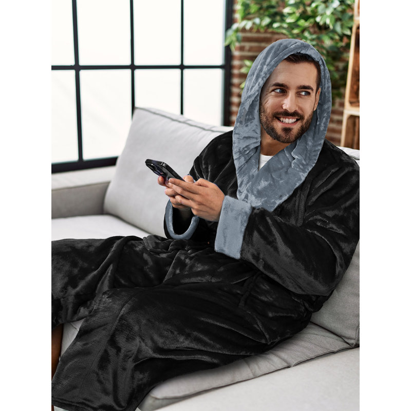 Yasmeli Fleece Mid-Calf Bathrobe with Pockets and Hood, Black/Gray