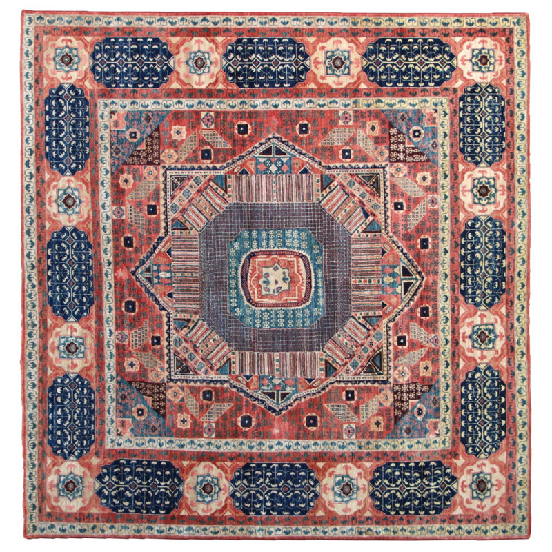 Tapis unique nouvel âge 7 pi 11 po x 8 pi 1 po Mamluk en corail / rose / ivoire / bleu