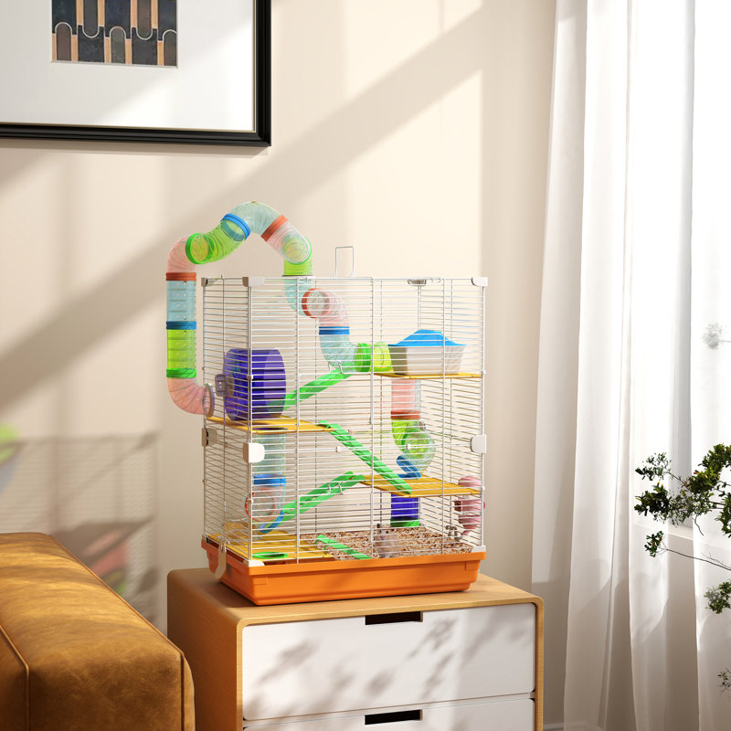 Cage à hamster à 5 niveaux avec tubes, tunnels, poignée de transport portable, orange, plat de nourriture amélioré, bouteille d'eau, roue d'exercice pour petits hamsters et accessoires