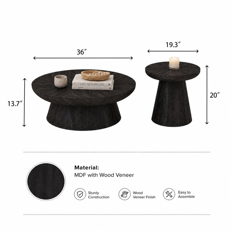 Ensemble de 2 tables basses rondes en bois noir, ensemble de tables basses gigognes en bois massif pour le salon, Noir