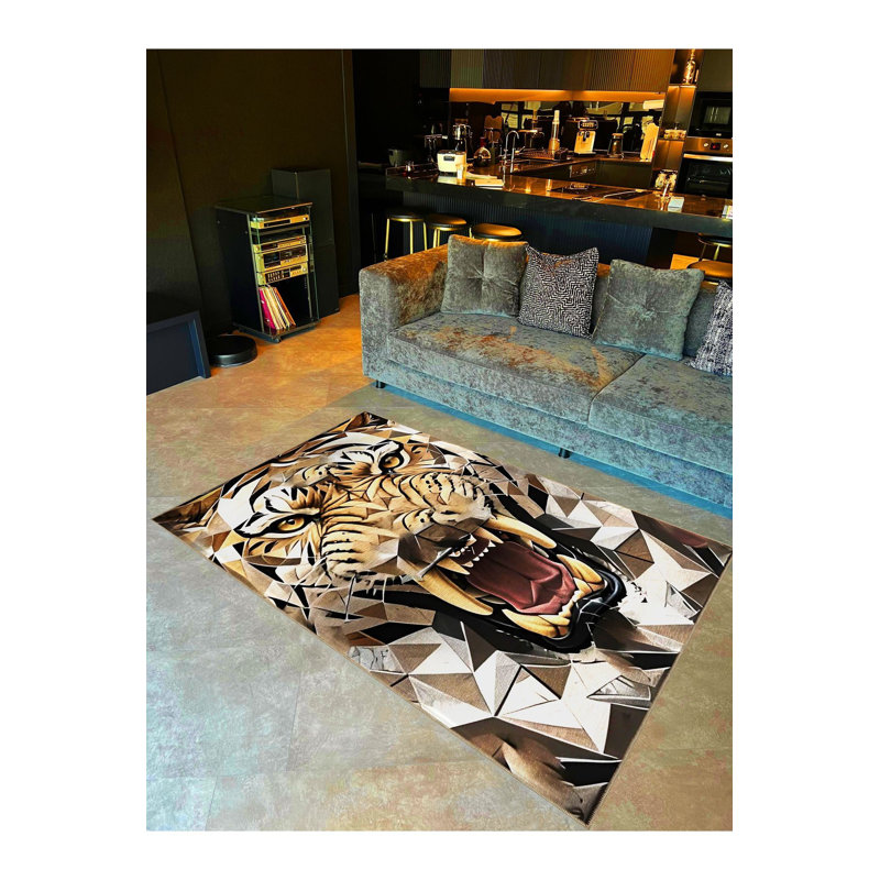 Tapis tissé brun à motif tigre lavable à la machine, Rectangle 5 pi 1 po x 7 pi 7 po