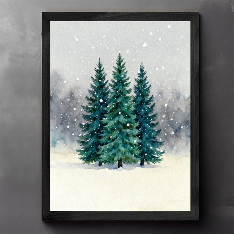 Aquarelle encadrée noire, pin enneigé de Noël en hiver, paysage mural, impressions de style rétro, H 25 po x l 17 po