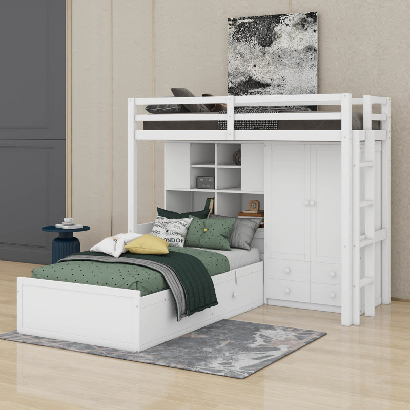 Lit superposé simple avec tiroirs, garde-robe, tablettes et hydraulique, Blanc