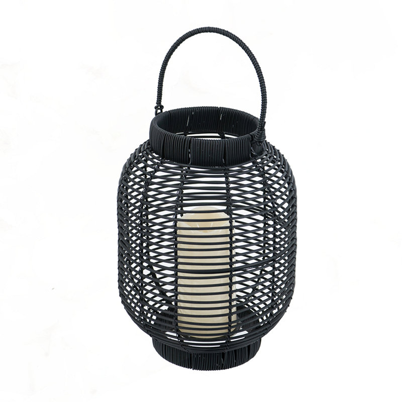 8.7X8.7X11.8" Black Poly Rattan Lantern With White LED Candle, Black