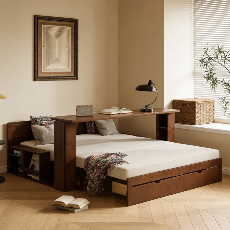 Multifunctional Daybed with Removable Desk, Storage Drawers & Hydraulic Side Table, Space-Saving Sofa Bed Frame, Full