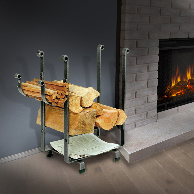 Hammered Steel Modern Log Rack with Newspaper Holder